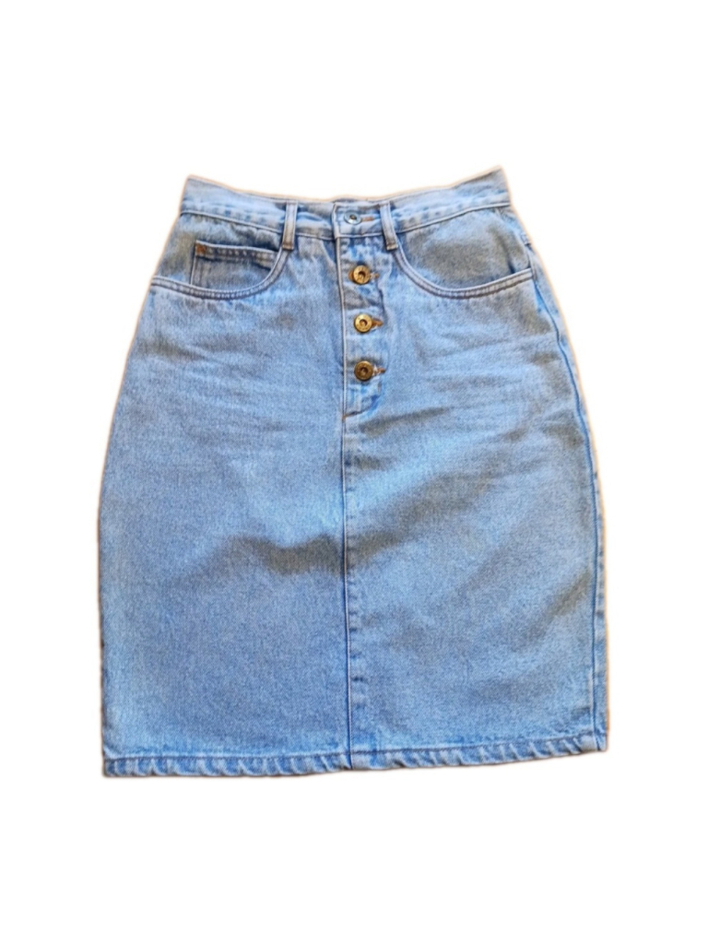 Y2K VTG Rio Stone Washed Denim Button Fly Women's 3 Blue Jean Fitted Skirt
